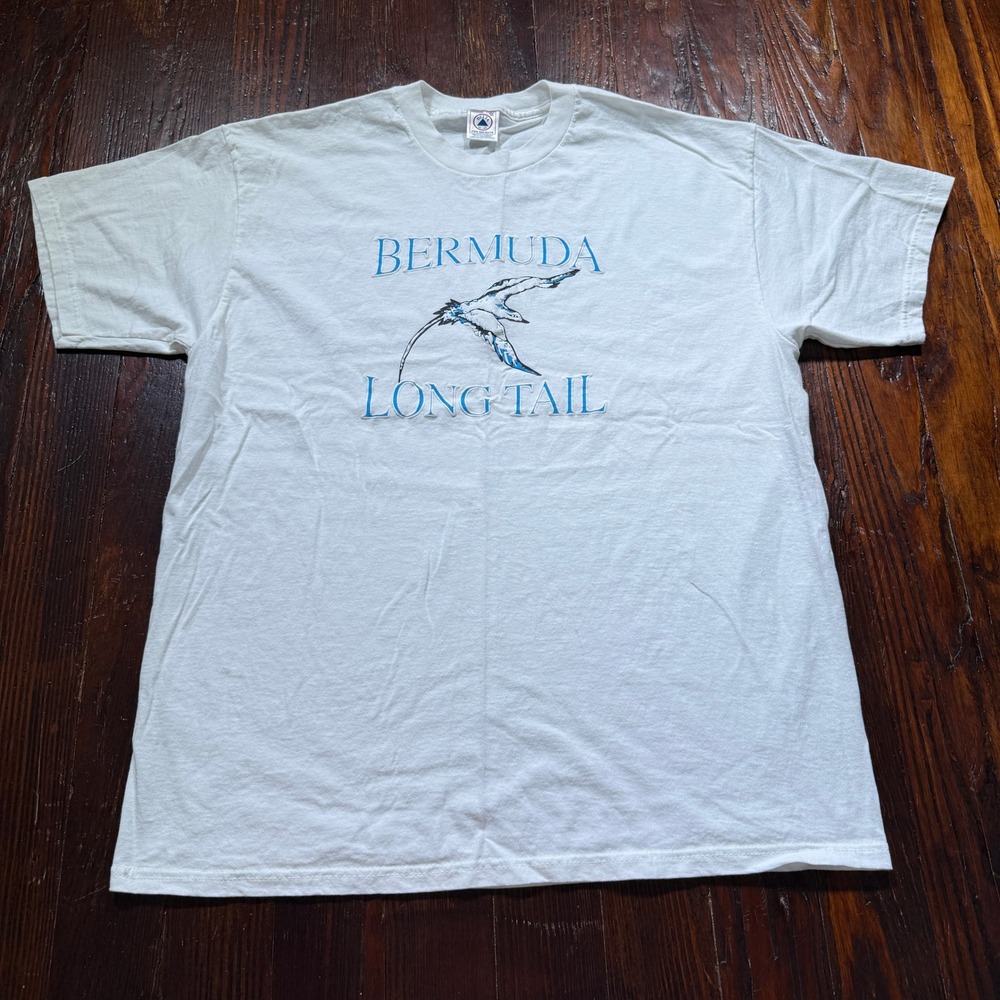 Vintage 90s Bermuda Longtail Shirt Mens XL White Graphic Print Cotton Tee Delta